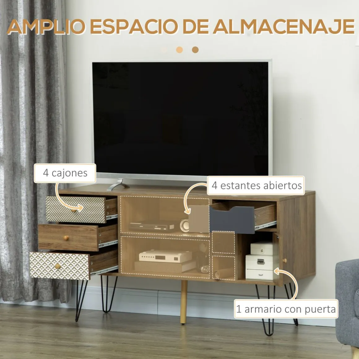 Mueble bajo de TV Exotic Homcom estilo boho marrón 64x120x39 cm