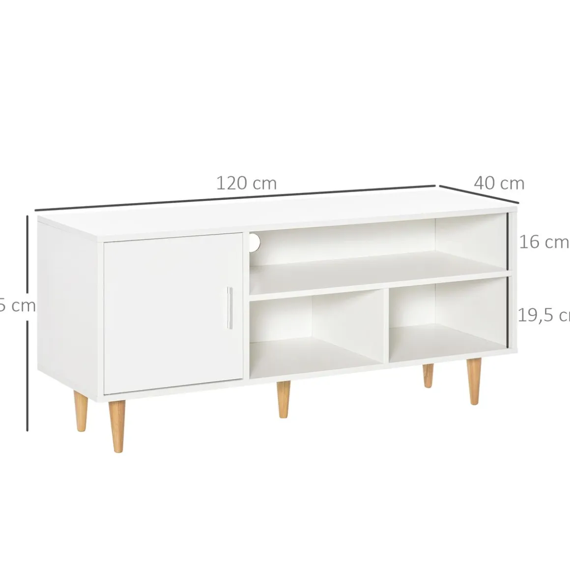 Mueble bajo de TV Hefesto Homcom 3 módulos + 1 puerta blanco/natural 55x120x40 cm