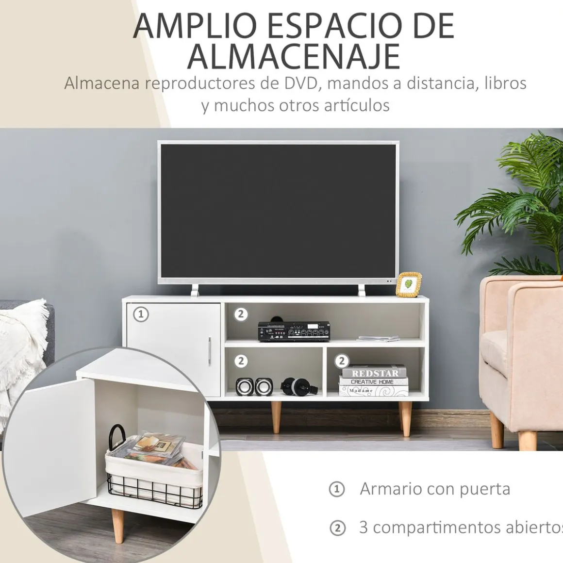 Mueble bajo de TV Hefesto Homcom 3 módulos + 1 puerta blanco/natural 55x120x40 cm