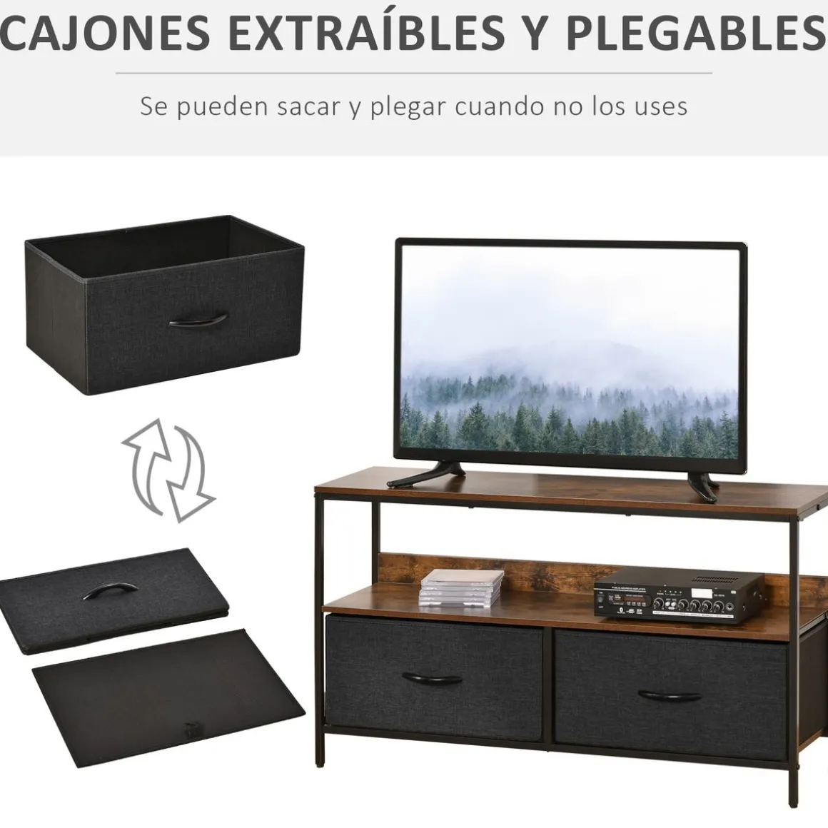 Mueble bajo de TV Kaoba Homcom 2 cajones + estante roble/negro 56x98x29 cm