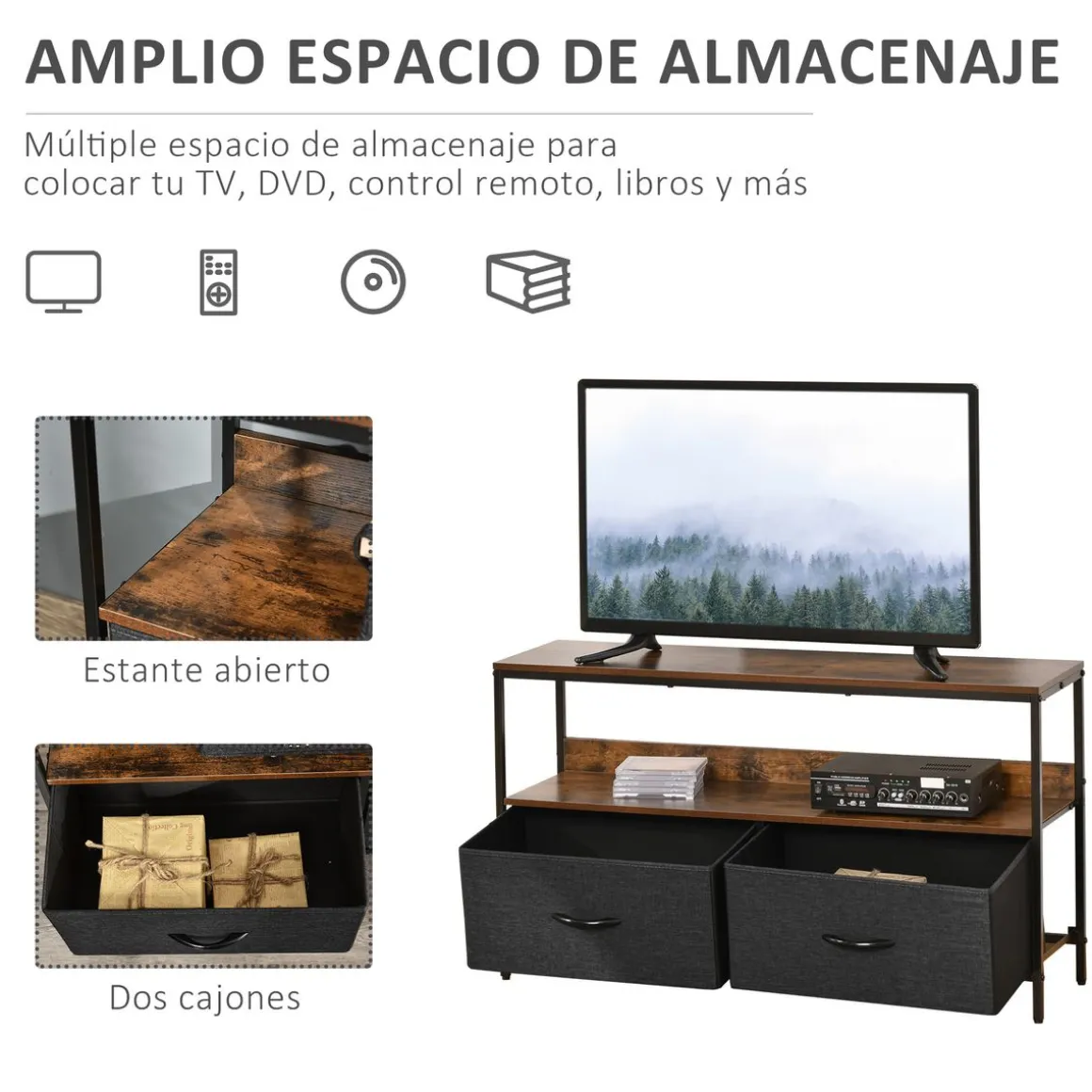 Mueble bajo de TV Kaoba Homcom 2 cajones + estante roble/negro 56x98x29 cm