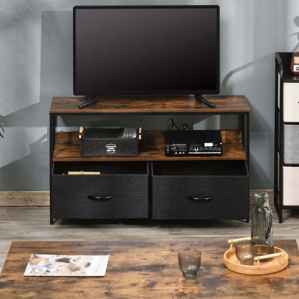 Mueble bajo de TV Kaoba Homcom 2 cajones + estante roble/negro 56x98x29 cm