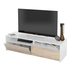 Mueble bajo de TV Kioto 2 huecos abiertos + 2 compartimentos blanco artik/roble canadian 36x130x42 cm