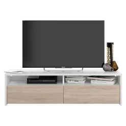 Mueble bajo de TV Kioto 2 huecos abiertos + 2 compartimentos blanco artik/roble canadian 36x130x42 cm
