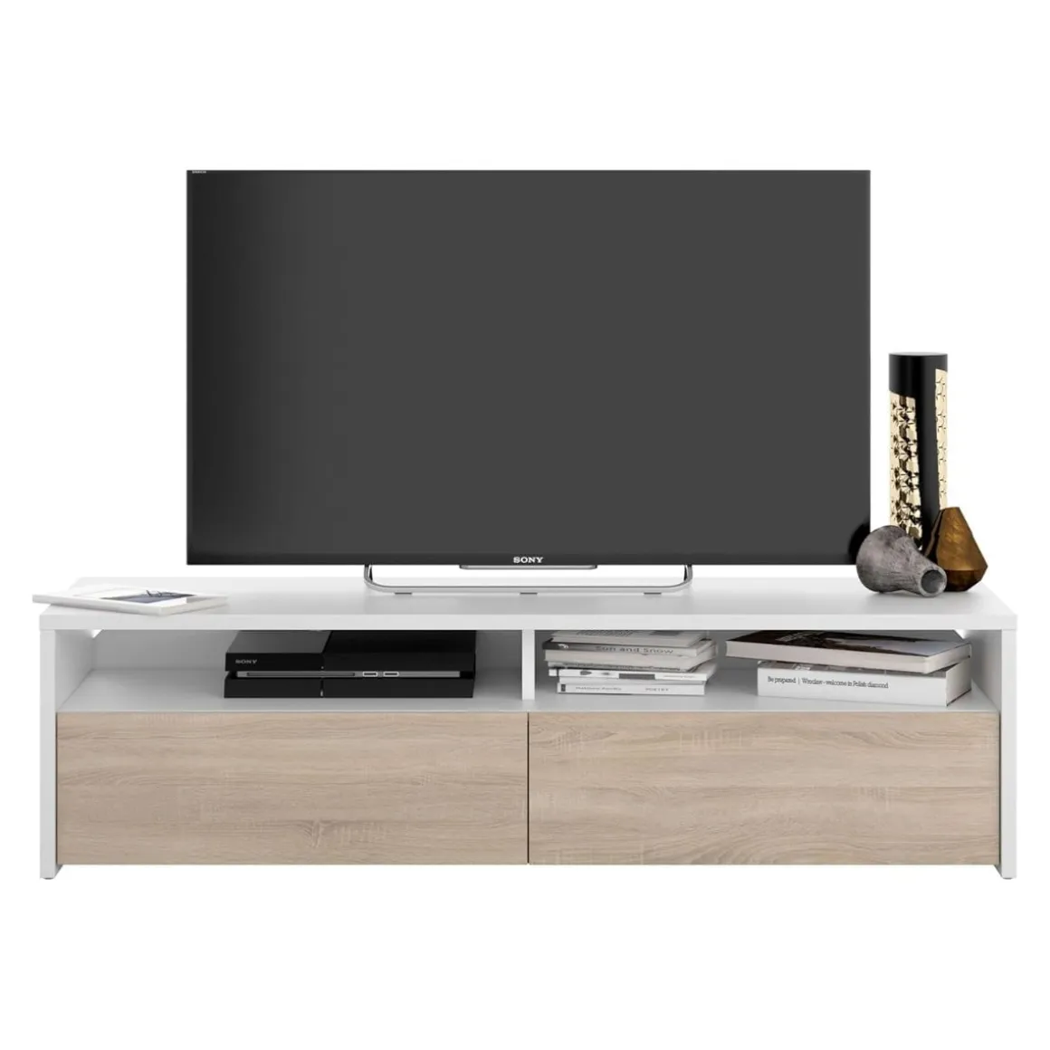 Mueble bajo de TV Kioto 2 huecos abiertos + 2 compartimentos blanco artik/roble canadian 36x130x42 cm