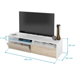 Mueble bajo de TV Kioto 2 huecos abiertos + 2 compartimentos blanco artik/roble canadian 36x130x42 cm