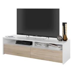 Mueble bajo de TV Kioto 2 huecos abiertos + 2 compartimentos blanco artik/roble canadian 36x130x42 cm