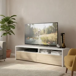 Mueble bajo de TV Kioto 2 huecos abiertos + 2 compartimentos blanco artik/roble canadian 36x130x42 cm