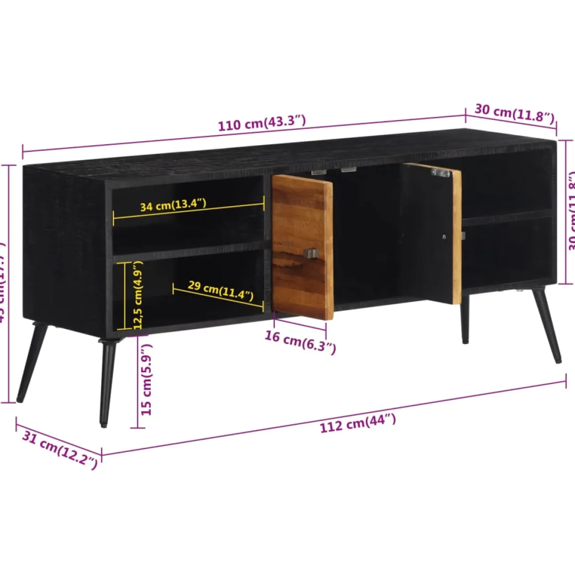 Mueble bajo de TV Márquez 4 módulos + 2 puertas negro/natural