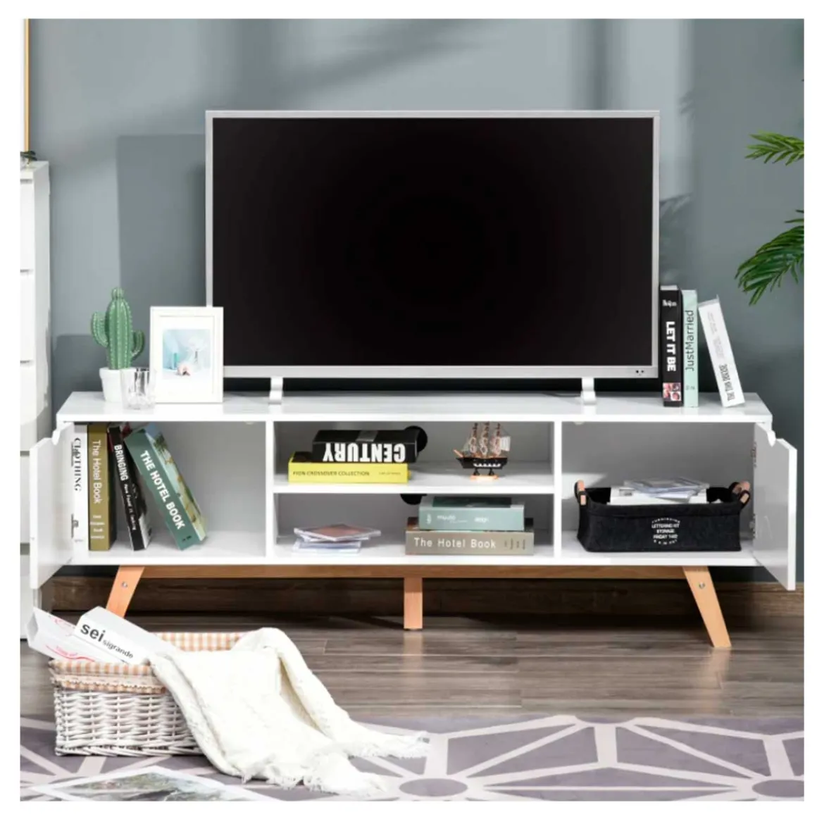Mueble bajo para TV Homcom 2 armarios + 2 estantes blanco 50x150x39 cm