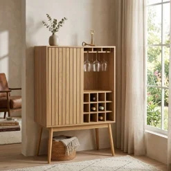 Mueble botellero Trend 12 botellas con puerta y colgador de copas natural 120x80x40 cm