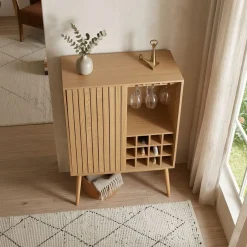 Mueble botellero Trend 12 botellas con puerta y colgador de copas natural 120x80x40 cm