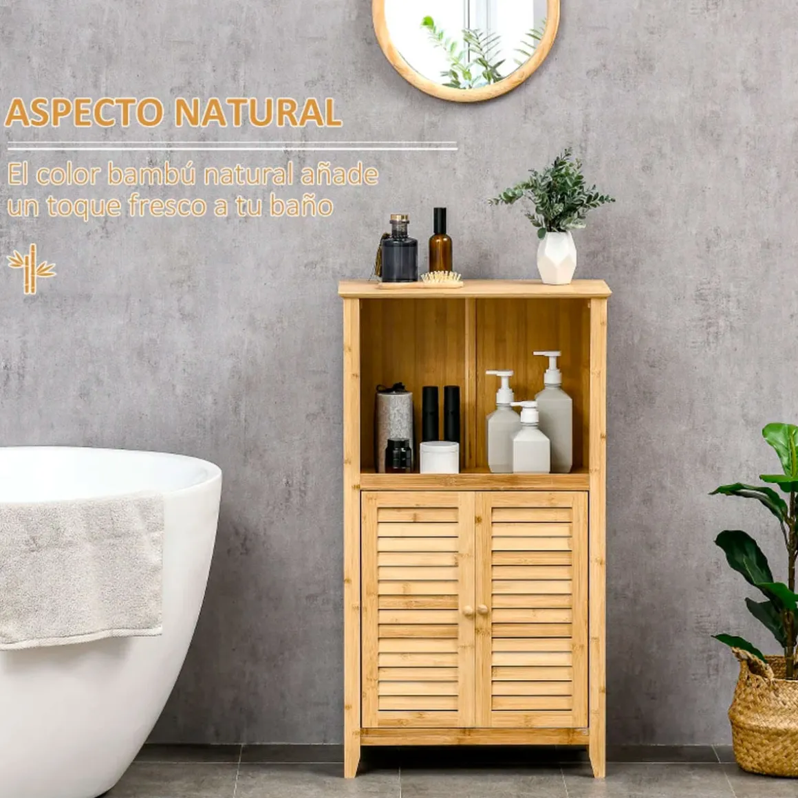 Mueble de baño Bamboo Homcom 2 puertas + 1 módulo natural 92x50x25,5 cm