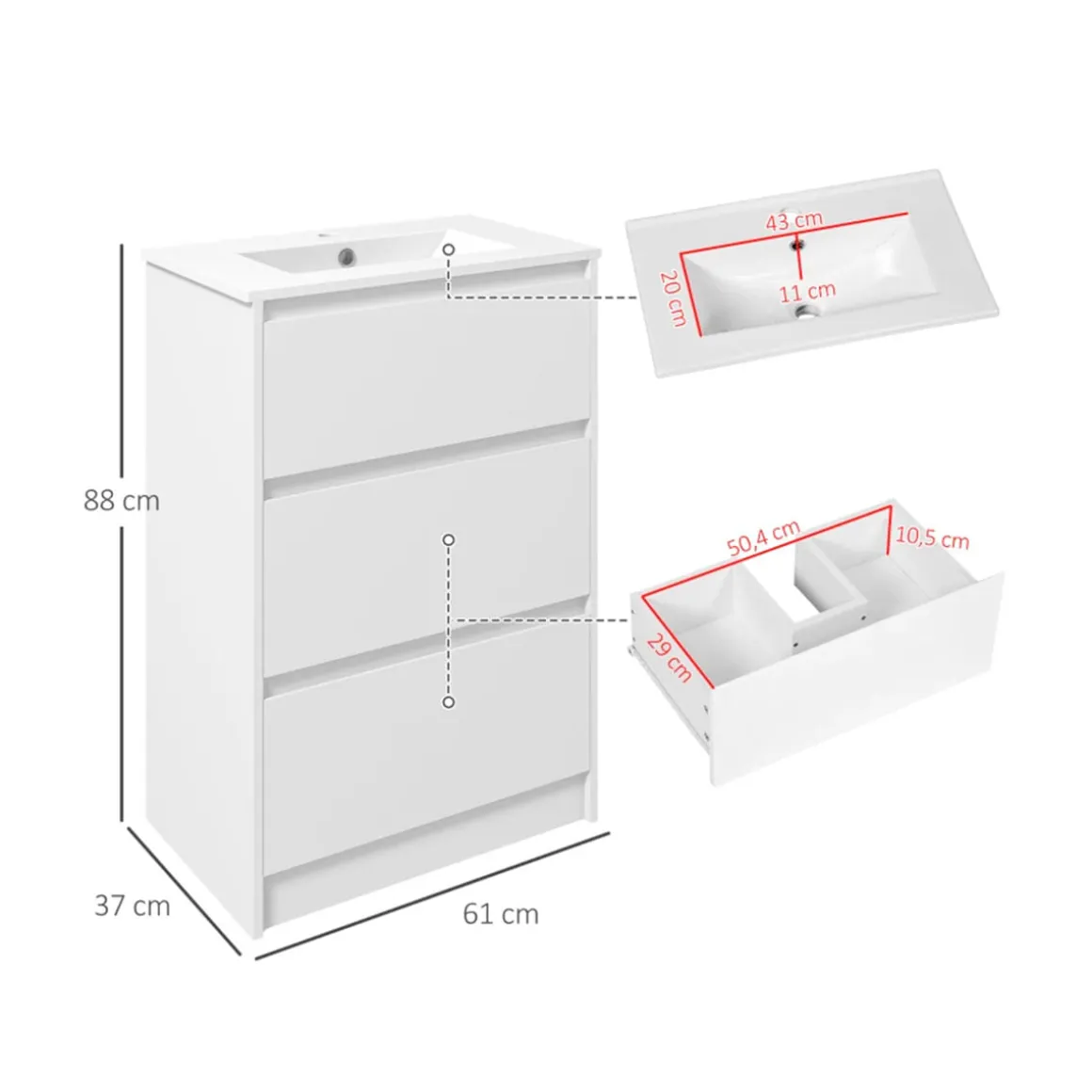 Mueble de baño con lavabo Alika Homcom 2 cajones blanco brillante 88x61x37 cm