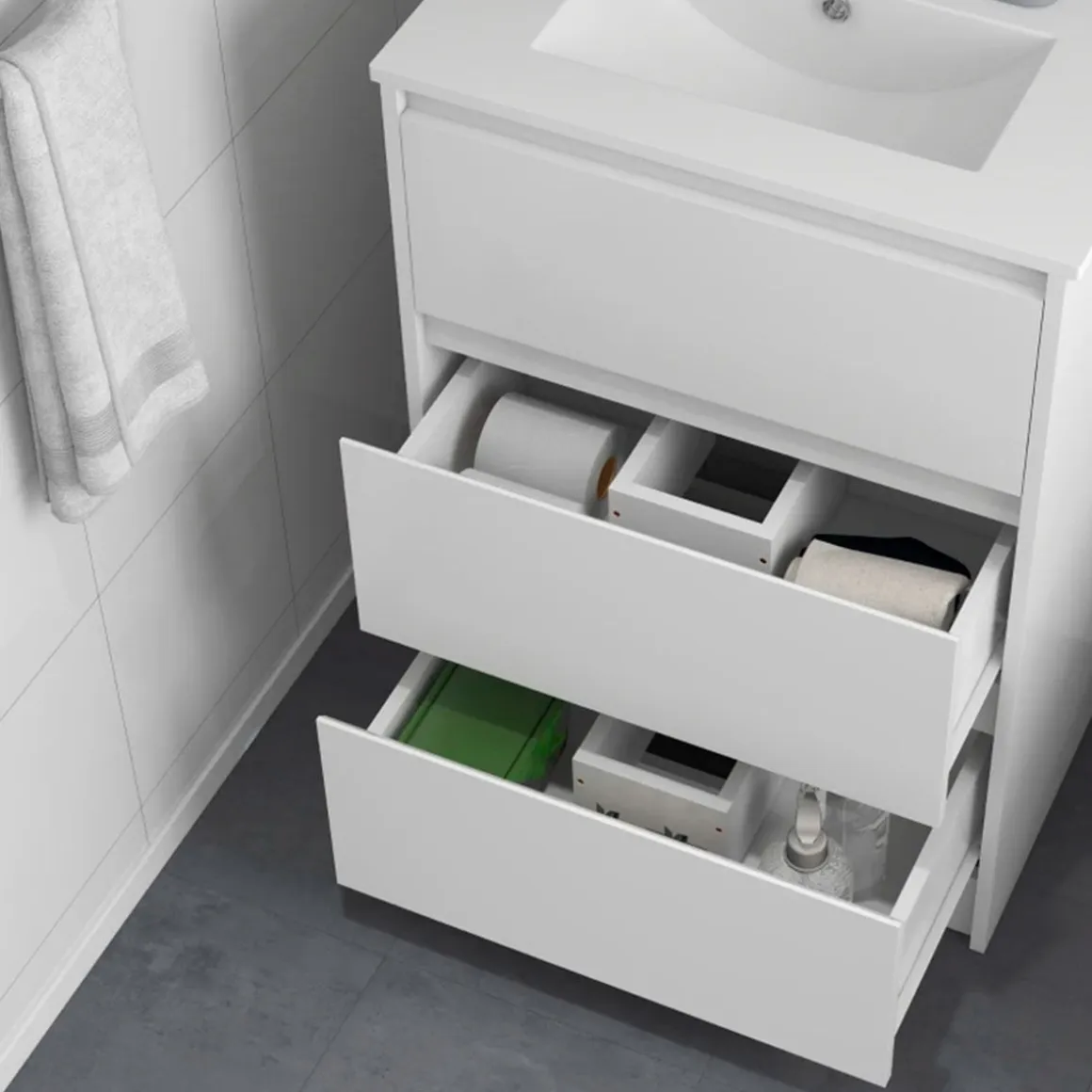 Mueble de baño con lavabo Alika Homcom 2 cajones blanco brillante 88x61x37 cm