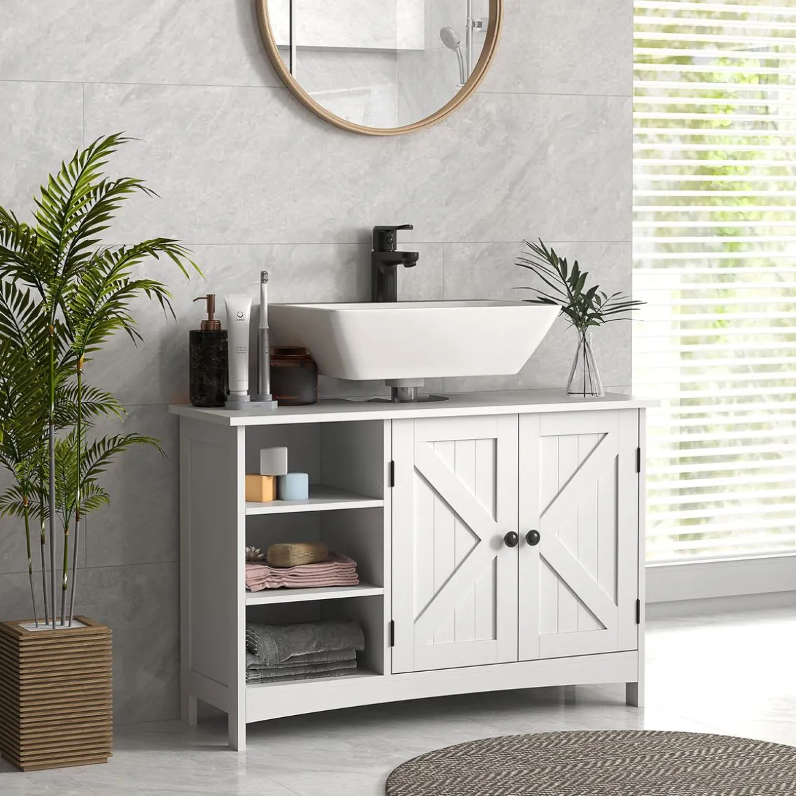 Mueble de baño Farm Kleankin 2 puertas + 3 estantes abiertos blanco 60x90x30 cm