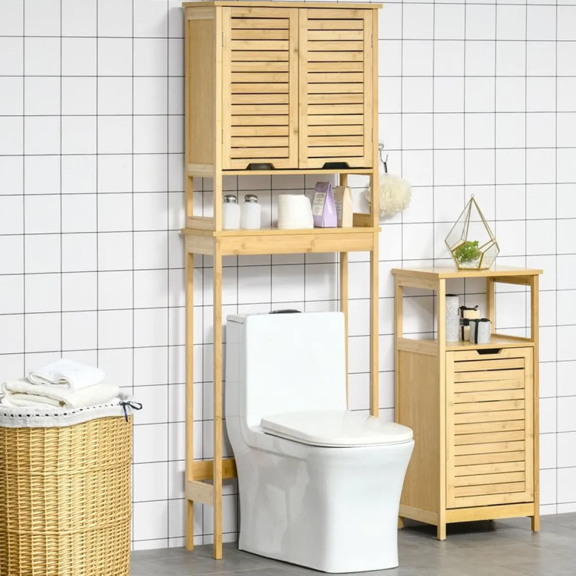 Mueble de baño Kleankin sobre inodoro bambú 173x60x23 cm
