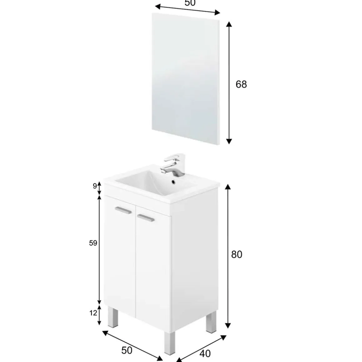 Mueble de baño Koncept 2 puertas + espejo blanco 80x50x40 cm
