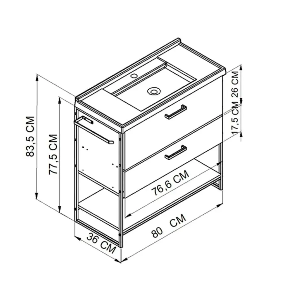 Mueble de baño Lili lavabo + 2 cajones + estante marrón/blanco 83,5x80x36 cm