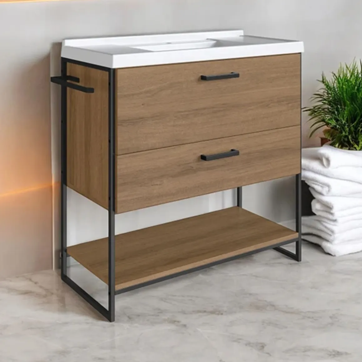 Mueble de baño Lili lavabo + 2 cajones + estante marrón/blanco 83,5x80x36 cm