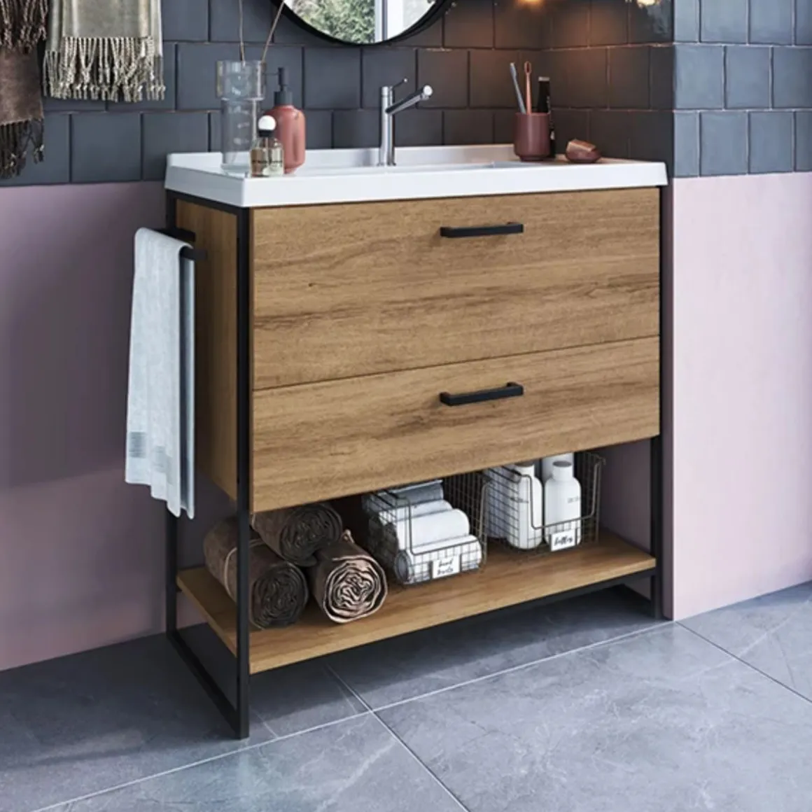 Mueble de baño Lili lavabo + 2 cajones + estante marrón/blanco 83,5x80x36 cm