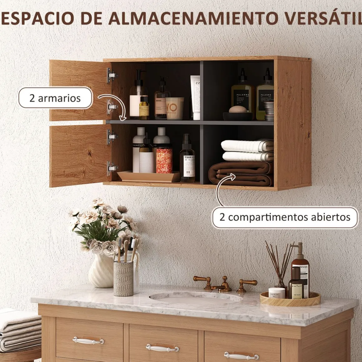 Mueble de baño Loira Homcom 2 puertas con 2 compartimentos natural 57,5x80x35 cm