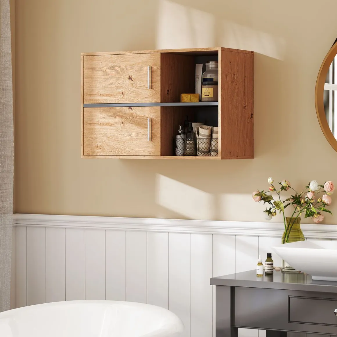 Mueble de baño Loira Homcom 2 puertas con 2 compartimentos natural 57,5x80x35 cm