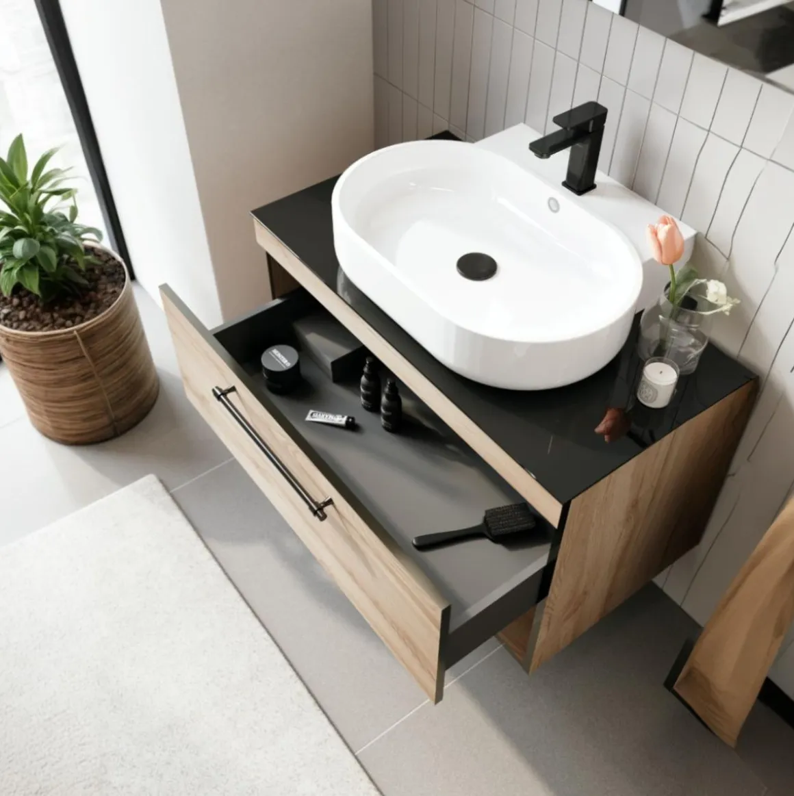 Mueble de baño Stanley 1 cajón con compartimento + lavabo + espejo natural