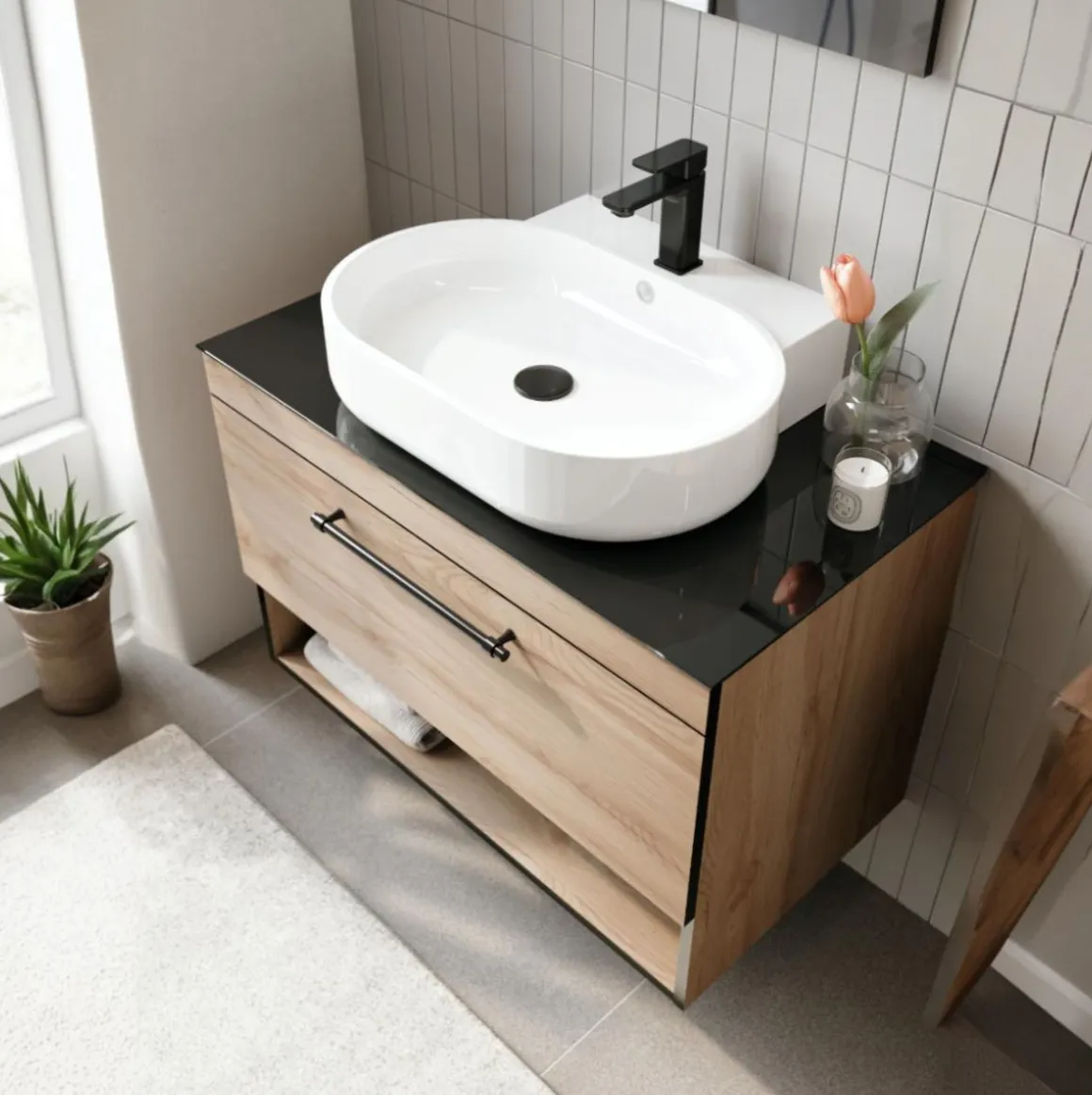 Mueble de baño Stanley 1 cajón con compartimento + lavabo + espejo natural