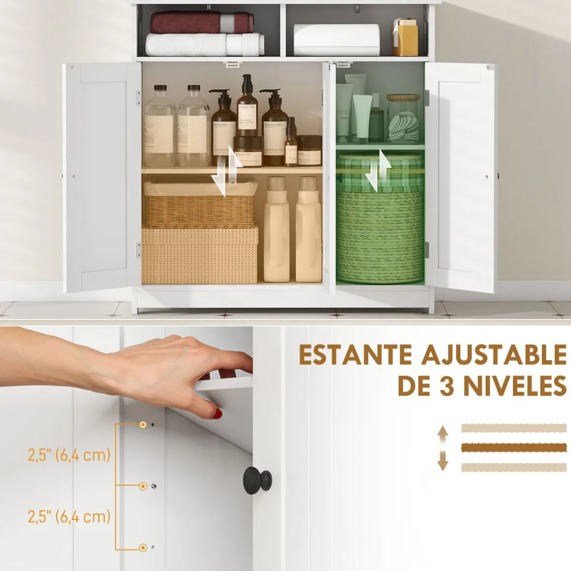 Mueble de baño Storage Homcom 2 compartimentos + 2 armarios + 1 balda ajustable blanco 85x85x30 cm