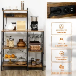 Mueble de cocina Eris Homcom con enchufe y USB roble/negro 130x90x42 cm