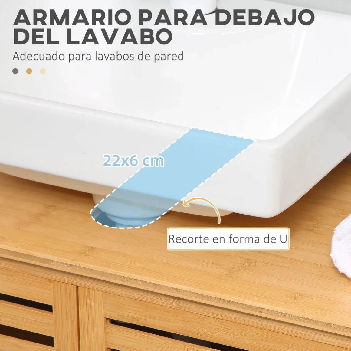 Mueble de lavabo Covadonga Kleankin 2 puertas bambú natural 61,5x66x29 cm