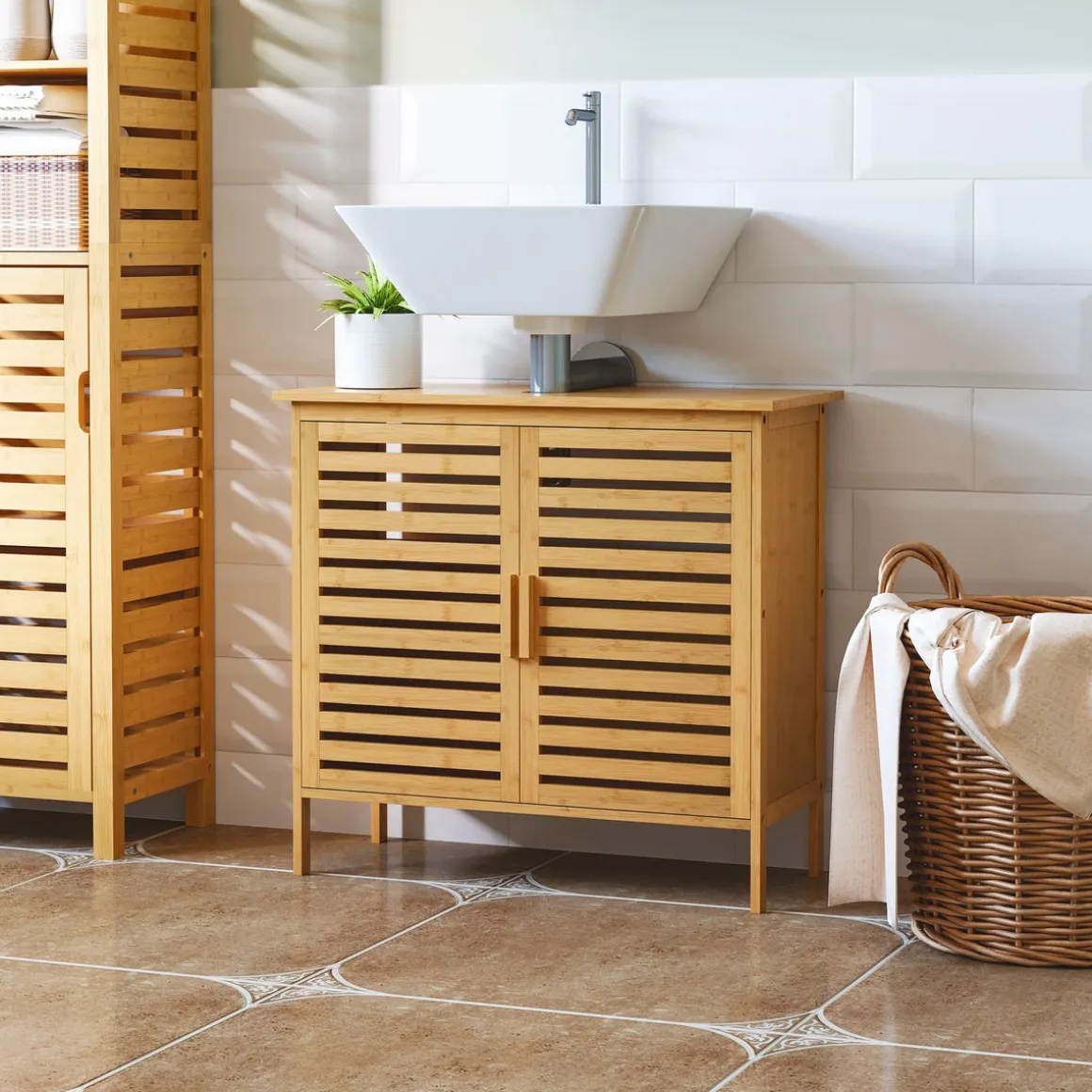 Mueble de lavabo Covadonga Kleankin 2 puertas bambú natural 61,5x66x29 cm