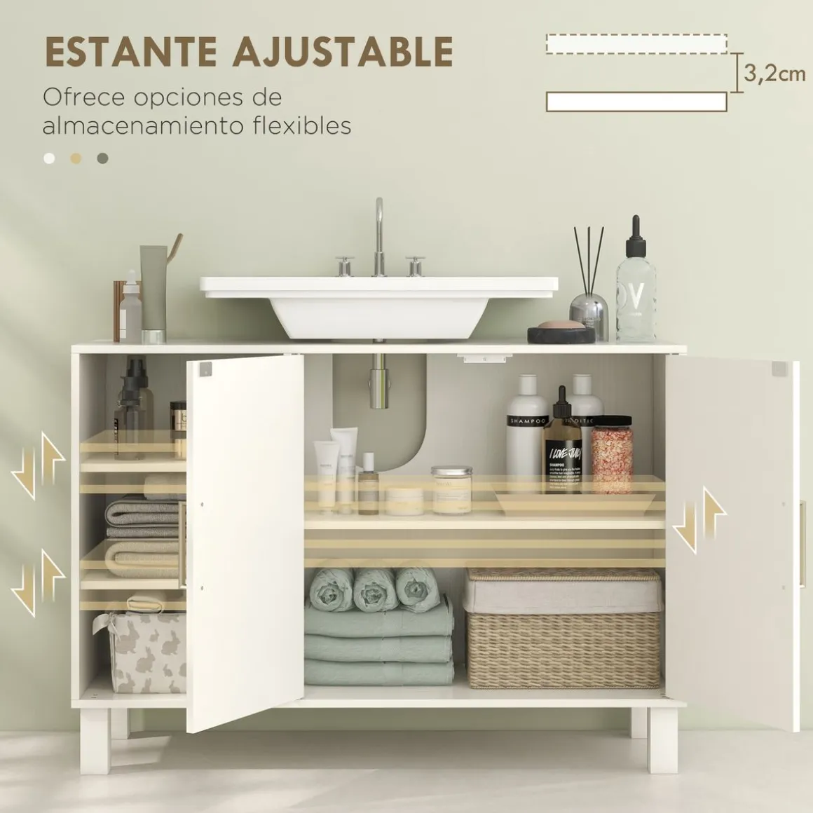 Mueble de lavabo Peonía Kleankin 3 compartimentos + armario crema 63x90x30 cm