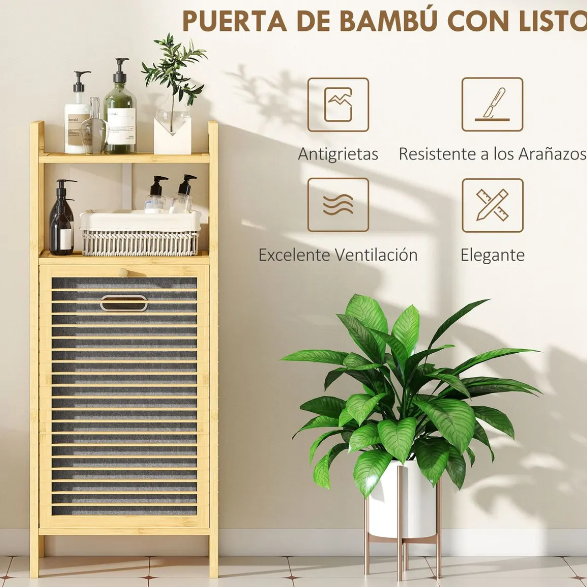 Mueble de ropa sucia Libra Homcom cesto abatible con estante natural 95x40x30 cm