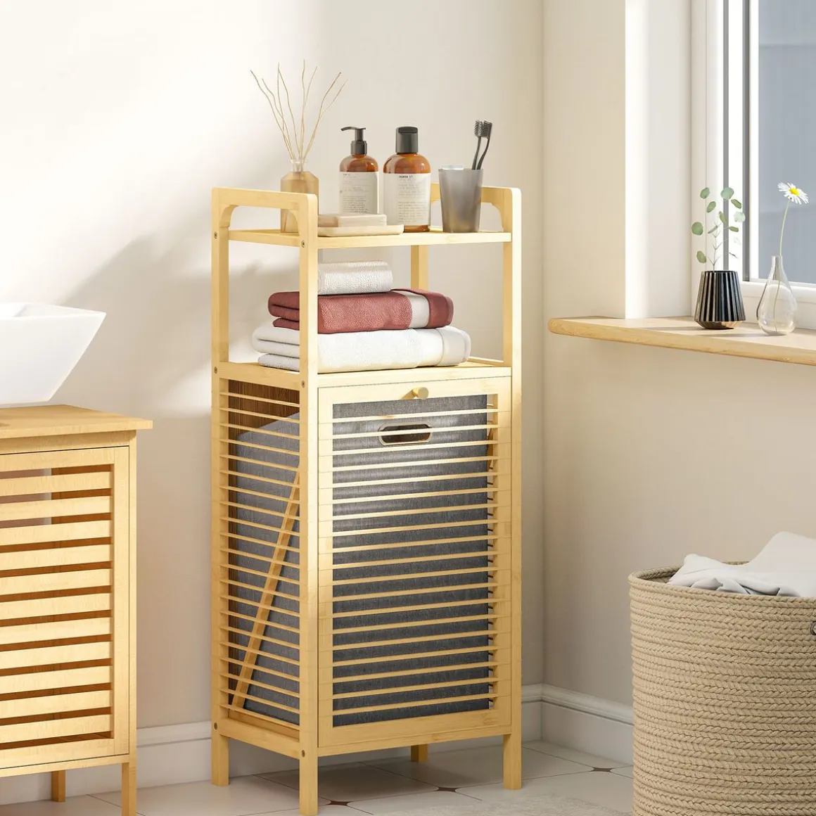 Mueble de ropa sucia Libra Homcom cesto abatible con estante natural 95x40x30 cm
