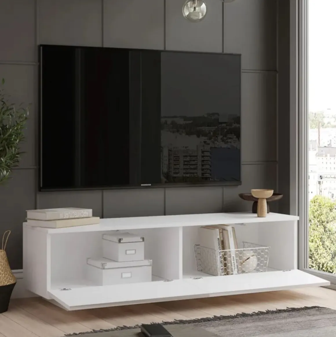 Mueble de TV Abellié 2 puertas abatibles blanco 28x140x35 cm