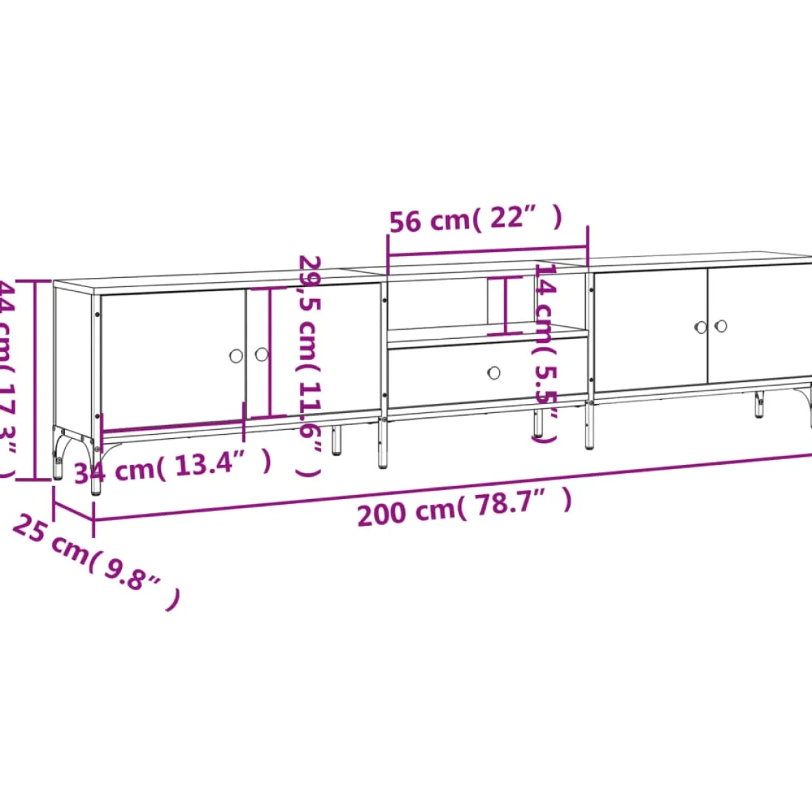 Mueble de TV Acuario 2 armarios + cajón + compartimento 44x200x25 cm
