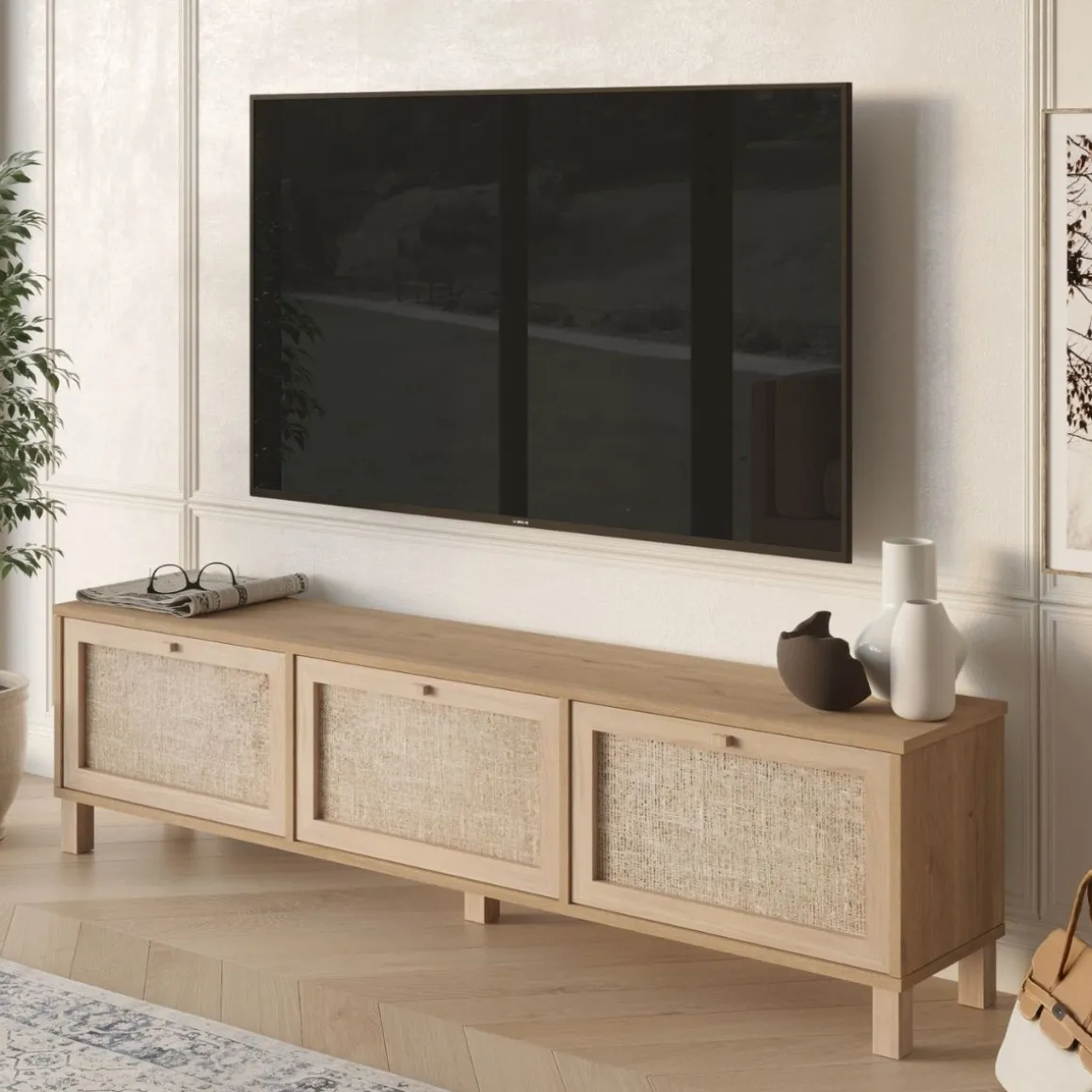 Mueble de TV Aralia 3 puertas abatibles natural 45,6x180x32 cm