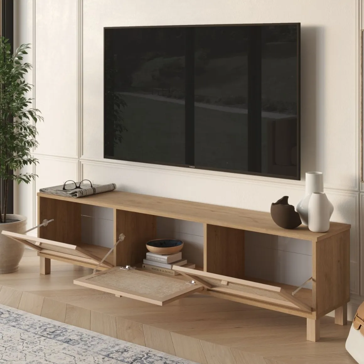 Mueble de TV Aralia 3 puertas abatibles natural 45,6x180x32 cm