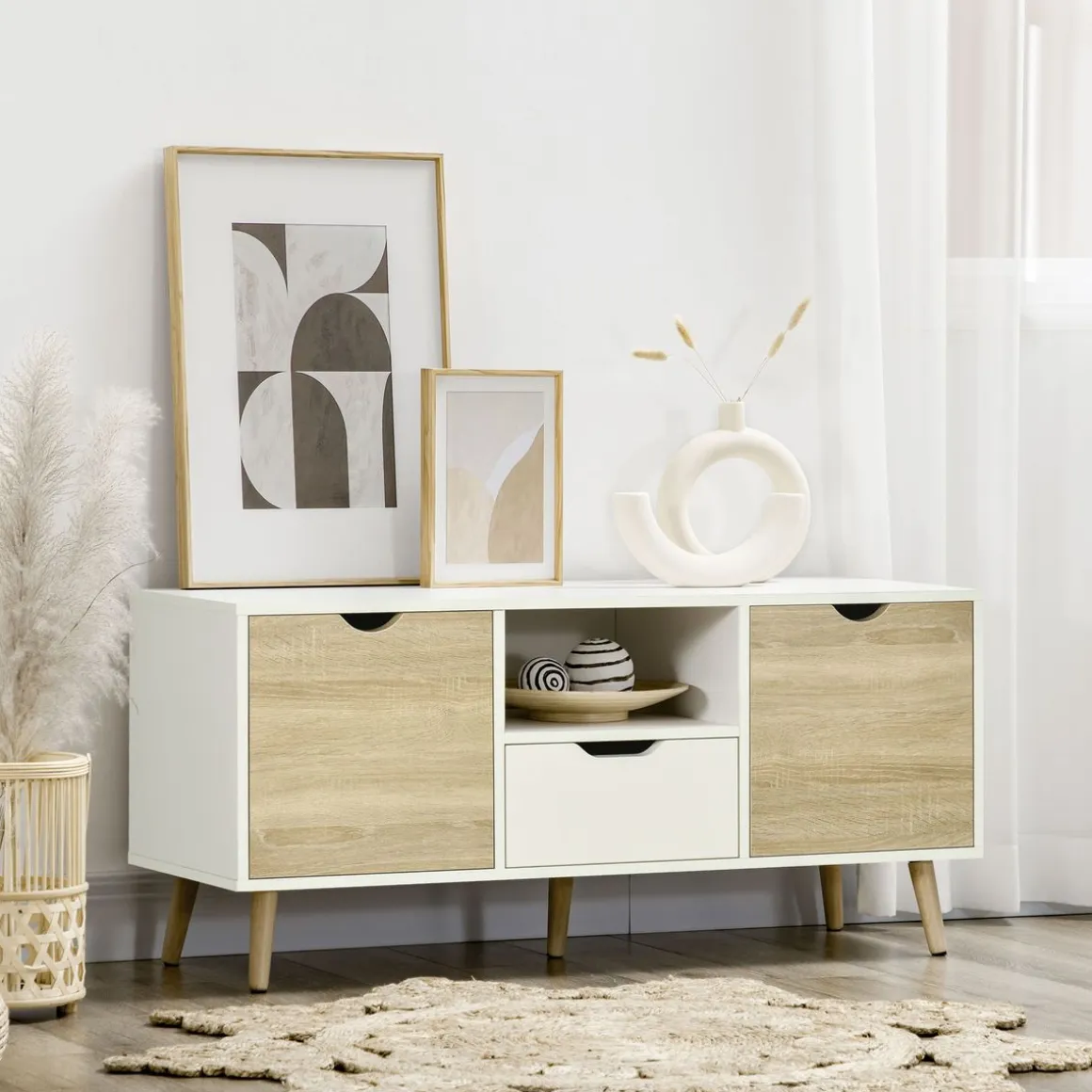 Mueble de TV Baleno Homcom cajón + 2 puertas + estante blanco/natural 50x110x40 cm
