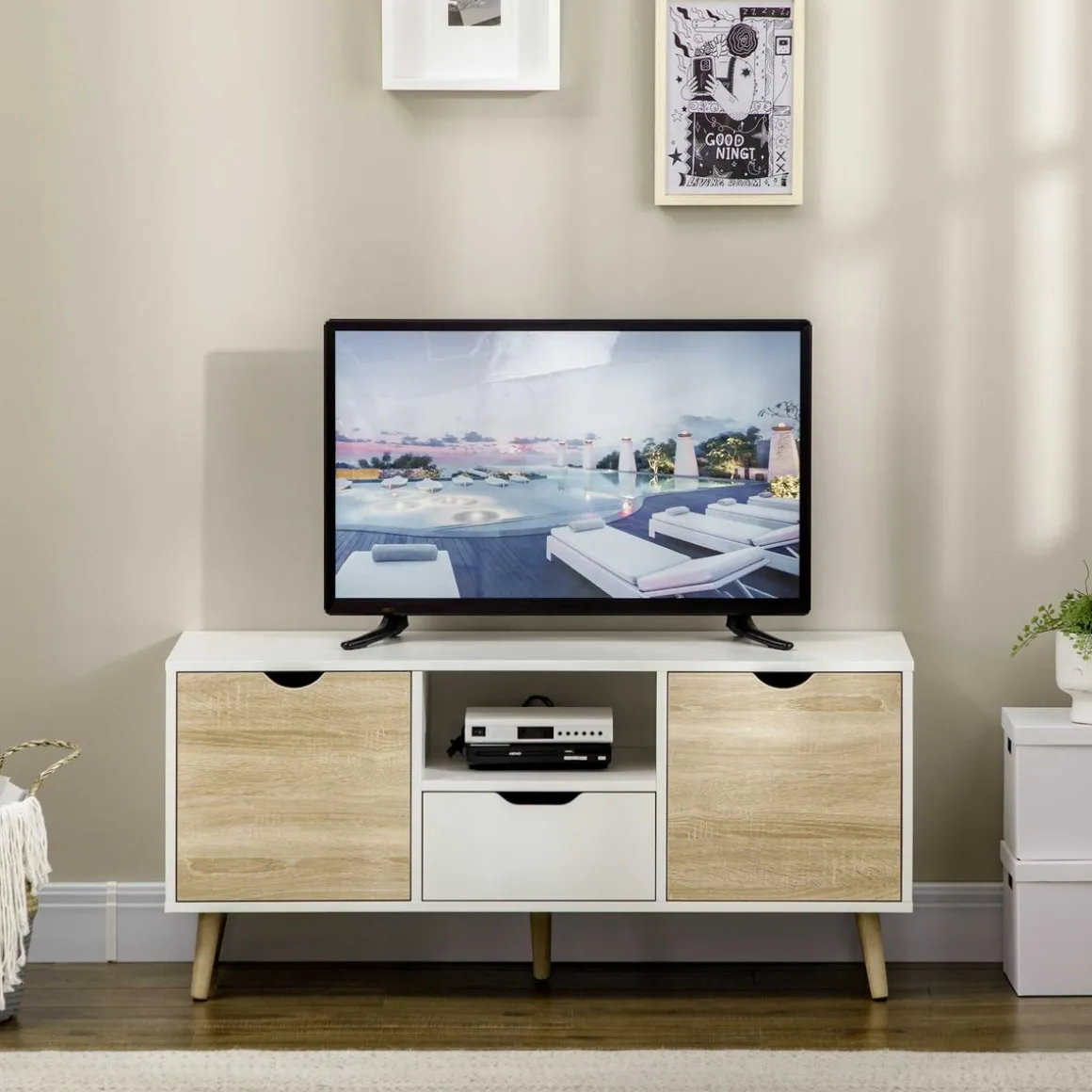 Mueble de TV Baleno Homcom cajón + 2 puertas + estante blanco/natural 50x110x40 cm
