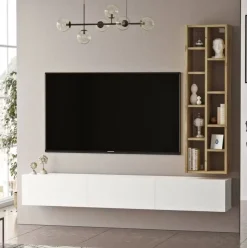 Mueble de TV Bambú estantería + puerta abatible blanco/natural