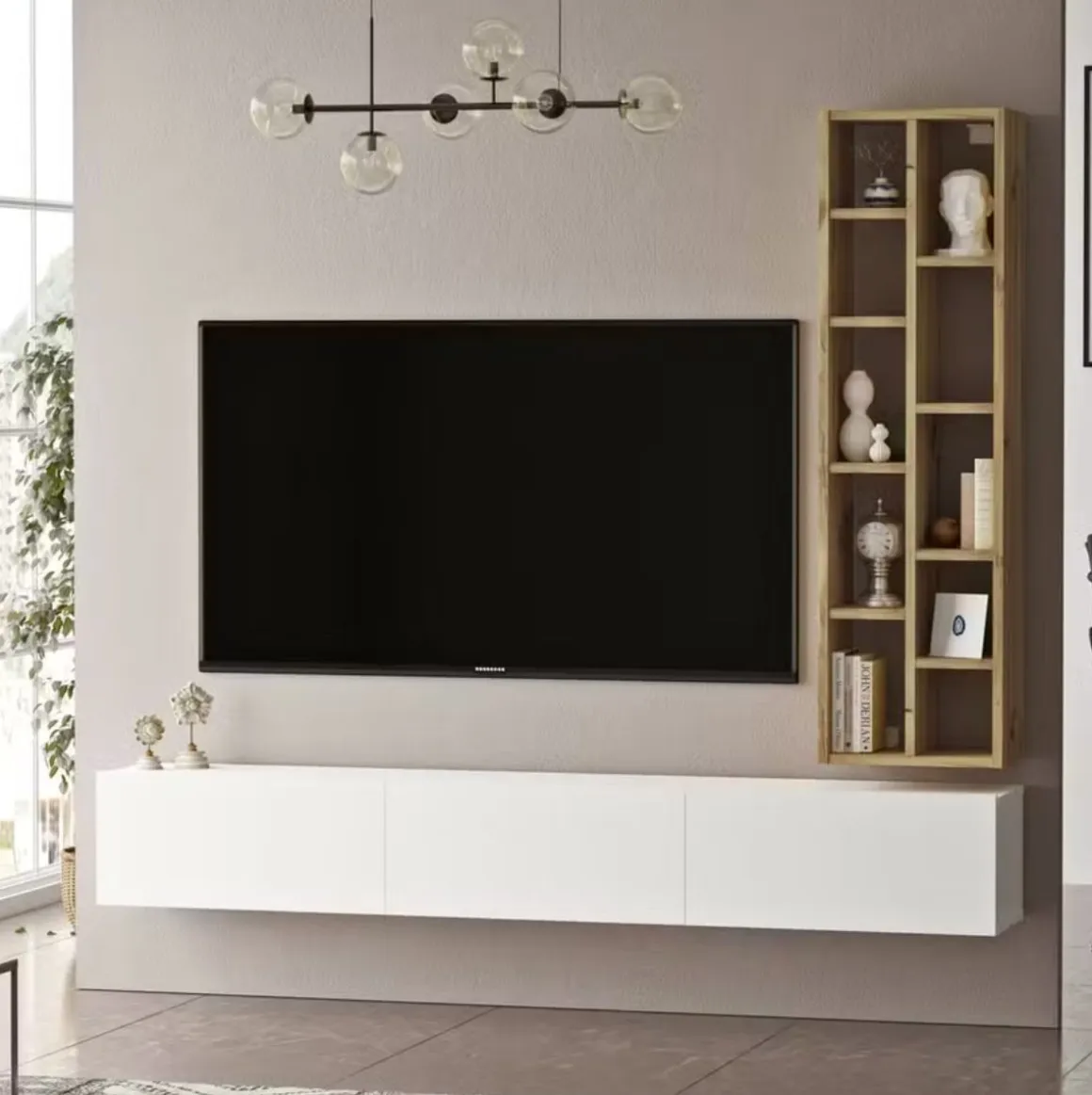 Mueble de TV Bambú estantería + puerta abatible blanco/natural