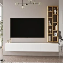 Mueble de TV Bambú estantería + puerta abatible blanco/natural