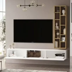 Mueble de TV Bambú estantería + puerta abatible blanco/natural