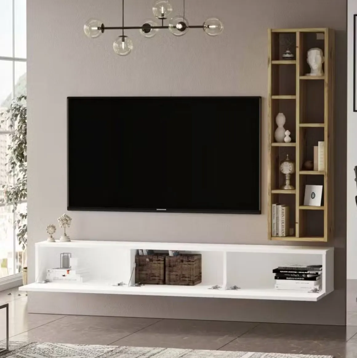 Mueble de TV Bambú estantería + puerta abatible blanco/natural