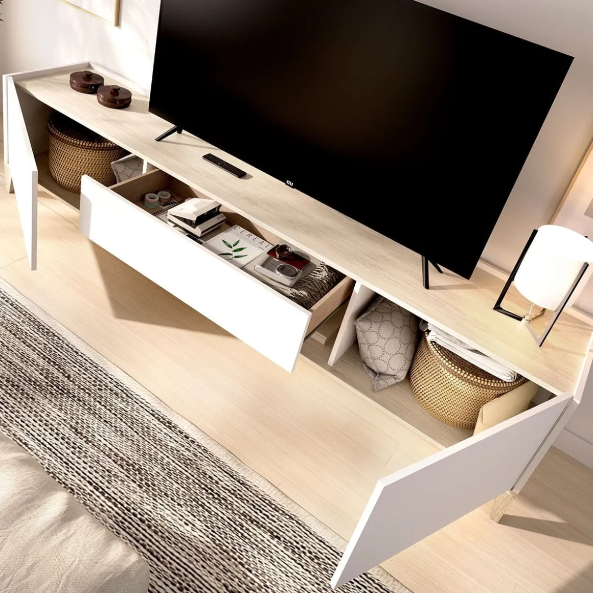 Mueble de TV Bari 2 puertas con cajón y compartimento blanco/natural 50,1x196,5x39,2 cm