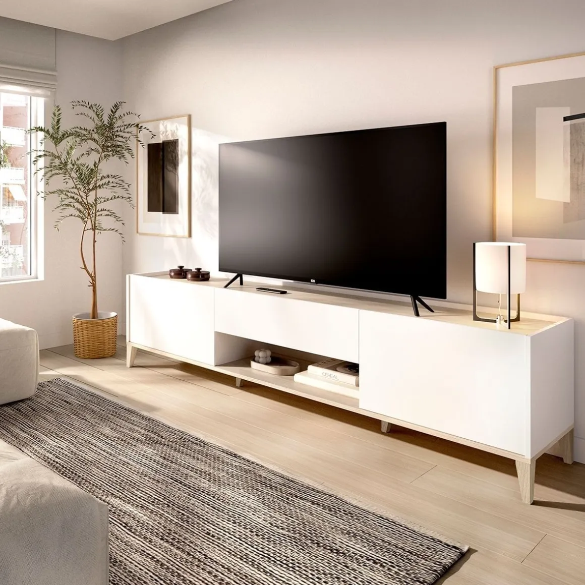 Mueble de TV Bari 2 puertas con cajón y compartimento blanco/natural 50,1x196,5x39,2 cm