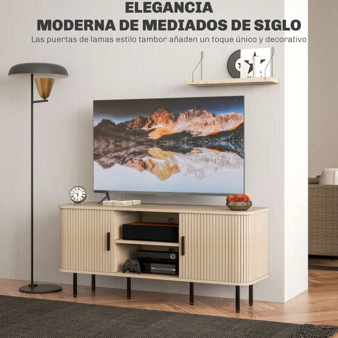 Mueble de TV Calamita Homcom 2 puertas + 2 compartimentos roble 55x120x40 cm